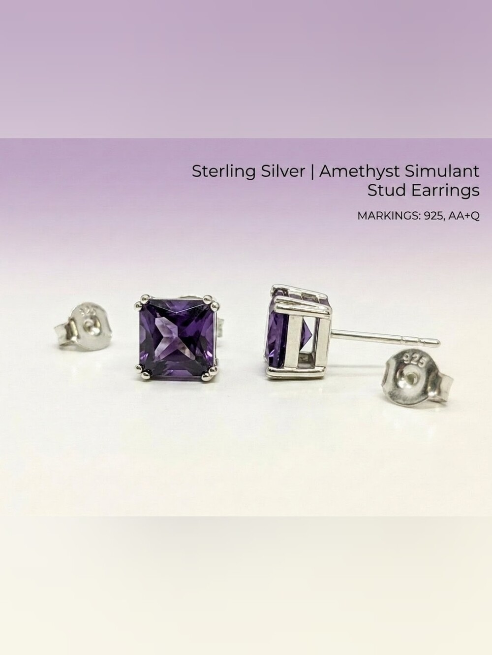 2.40 CTW Princess Cut Simulated Amethyst CZ Studs Solid 925 Sterling Silver - Picture 4 of 6